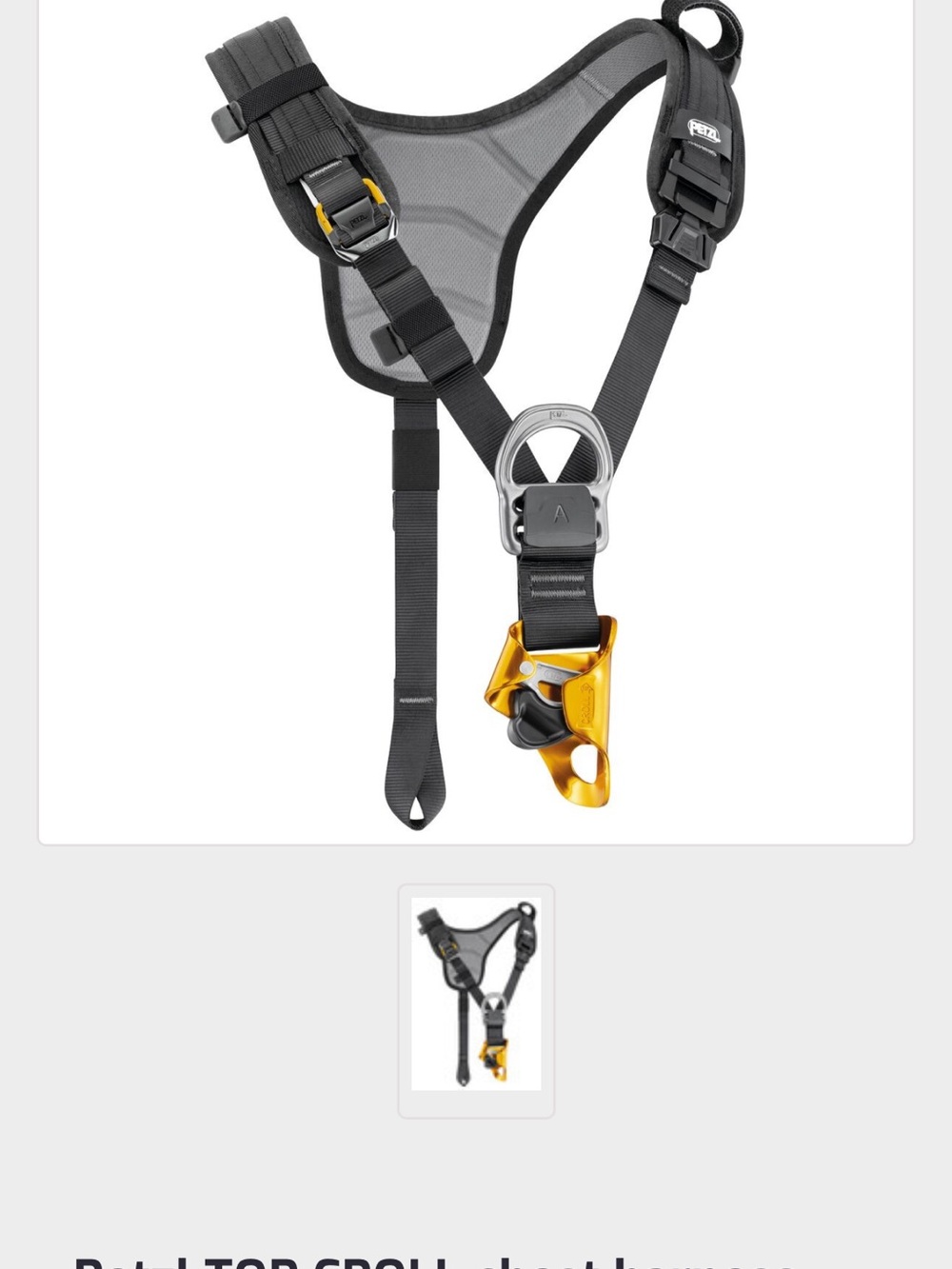ETE black chest harness with gold ascender accents